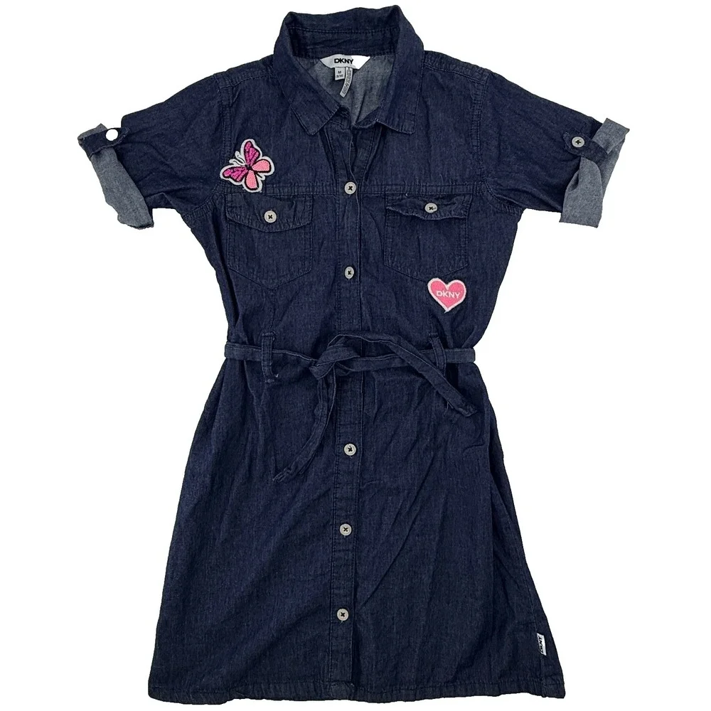 DKNY Girls M‎ 8/10 Denim Shirt Dress Belted Button Front Butterfly Patch